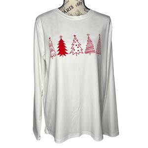 LARGE White Red Print Holiday Christmas Tree Long Sleeve Pullover Tee T-shirt
